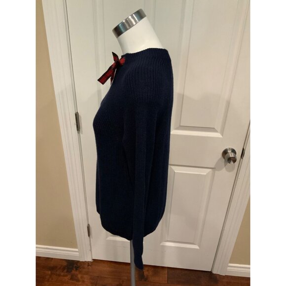 J. Crew Mercantile Navy Blue Knit High Neck Sweater W/ Red Plaid Bow, Size XS - Picture 4 of 6